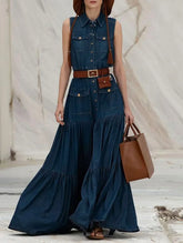 Women Fashion Demin Tank Dress Turn Down Coallr Vintage Pleated A-Line Summer Casual Retro High Street Pockets Dresses