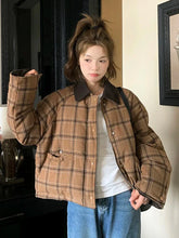 Warm Vintage Plaid Parkas Women Loose Long Sleeve Winter Thick Cotton Coat Korean Casual Pockets Cute Sweet Jacket Tops New