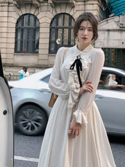 Autumn New Women Elegant Midi Retro French Style A Line Ruffles Dress Female Vestdios Vintage Fashion Party Prom Clothes