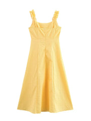 Fashion French Yellow Suspender Dress Long Dress 2025 Summer Ruflle Square Collar New Dress A-line Simple Fashion Woman Clothing