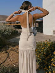 Women V neck Vest Skirts Set Slim Sexy Halter Tanks Top Mesh Splice Slit Long Skirt Solid Casual Two Piece Set Female