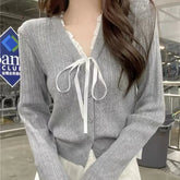 Women's Pointelle Knit Cardigan with Bow Long Sleeve Button Front Sweater Openwork Cardi Teen-girl Fairycore Balletcore Outfit