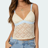 Sheer Lace Open Back Tank Top Contrast Color Backless Tie Up Camis Summer Sleeveless Shirt Fairy Coquette Spaghetti Strap Vest