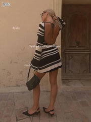 Stripe Knitted Slim Fitting Short Dress Sexy Flare Long Sleeve Backless Beach Dress Solid Color Casual Chic Vacation Robes Femme