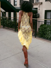 Lace See Through Ruffle Sexy Midi Dress Women Gown Summer Fashion High Waist Slim Thigh High Split Elegant Long Dress