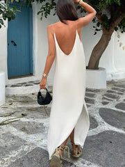 Summer Women Backless Sling Dress Sexy Loose V Neck Sleeveless Split Maxi Dresses New Female Beach Vacation Party Robes