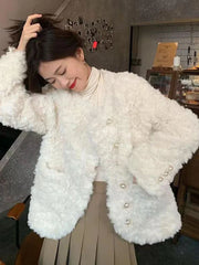 Women Sweet Cute Faux Lamb Coat Winter Warm Thick Slim Long Sleeve Vintage Jacket Korean O Neck Elegant Pearls Buttons Tops New