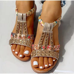 Women Wedge Sandals Summer Bohemia Casual High Heels Sandals Fashion Female Peep Toe Rhinestones Outdoor Beach Shoes