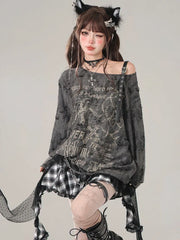 Gothic Vintage Oversize Long sleeve T shirt Women Sweet Sexy Off shoulder Tops Spring Autumn Fashion Holes Basic Tees