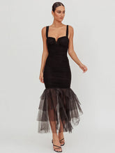 Mesh Backless Sexy Maxi Dress For Women Gown Two Layer Spaghetti Strap Sleeveless Ruched Bodycon Club Party Dress