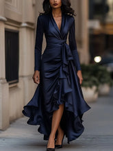 Pbong Elegant V-neck Waist-cinched Skirt Hem Long Sleeve Maxi Dress Street Style Polyester Fabric High Waist Regular Sleeve Length