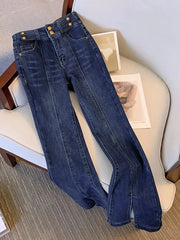 High Waist Multiple Metal Buttons Split Flare Women Pant Fashion Slim Chic Denim Trousers New Korean Loose Women Clothing