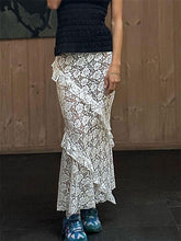 Lace Ruffled See-Through Maxi Skirt Women Slim Patchwork Party Holiday Women's Long Skirt Outfits Female Summer Maxi Skirt