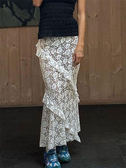 Lace Ruffled See-Through Maxi Skirt Women Slim Patchwork Party Holiday Women's Long Skirt Outfits Female Summer Maxi Skirt