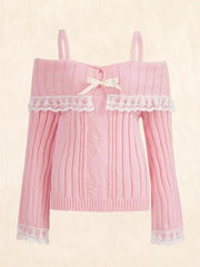 Grunge Aesthetics Pink Pullover Sweet y2k Vintage Off Shoulder Knit Sweater Long Sleeve Bow Lace Patchwork Jumpers Streetwear