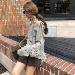 Coquette Y2k Women's Sweater Hollow out Knitwear Spring Oversize Knit Off The Shoulder Pullovers Streetwear Vintage