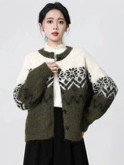 Women O Neck Retro Print Cardigan Sweaters Casual Lazy Wind Long Sleeve Knitted Short Coat Fall Winter Vintage Harajuku Lady Top
