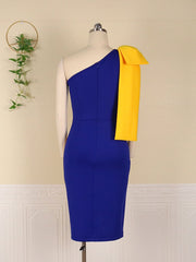 Women Dresses Bodycon Party Sexy One Shoulder Bowtie Blue Yellow Patchwork Irregular Sheath Event Lady African Autumn Night Out Pbong mid size graduation outfit romantic style teen swag clean girl ideas 90s latina aesthetic