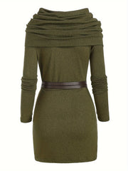 European and American fashion women's temperament commuter pile collar solid color knitted dress