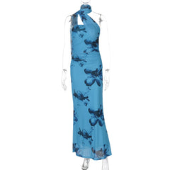 Fashion Print Ribbon Strapless Dress For Women Slim Halter Neck Elegant Long Dress Summer Fashion Vacation Ladies Dress