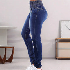 Pbong High Waist Elastic Denim Jeans Blue Transformable Jeans Women's Fashion High Waist Button Decorated Elasticated Denim Trousers