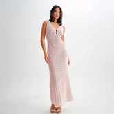 Sexy Hollow Out Crochet Pink Summer Tank Dress Sleeveless Transparent Sexy Fashion Long Dress Beach Vacation Female Clothing