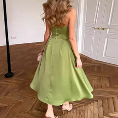 Elegant Strapless High Waist Evening Dress Green Slim Pleated Women's Long Dresses Sexy Hollow Sleeveless Cocktail Dress