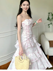 Women Summer Pink Floral Print Ruffles Holiday Dress French Party Birthday Slim Fit Party Dresses Fashion Vestido Midi Robe New