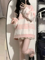 Harajuku Sweet O Neck Long Sleeve Sweaters Y2k Aesthetic Star Design High Street Girl Jumpers American Punk Striped Clothing