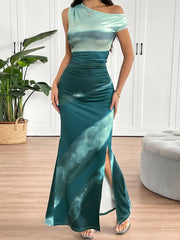 Summer Women's Dresses New Streetwear Fashion Tie Dye Split Maxi Dresses Elegant Female Sexy Casual Slim Knitted Dress Clothing