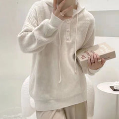Hooded Sweater for Women Loose Button Front Long Sleeve Rib Knit Pullovers Hoodie Fall Winter Teen-girl Casual Chic Outfit
