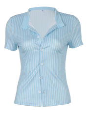 Blue Stripe Short Sleeve Shirts For Women Button Up Turn Down Collar Slim Simple Casual Preppy Tops Basic Summer Tees