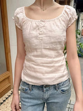 Women Sweet Pink Linen Lace-up Slim T Shirt Summer Buttons O-neck Puff Sleeve Blouse Vintage Preppy Solid Cute Tees Y2k
