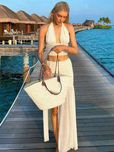 Women V neck Vest Skirts Set Slim Sexy Halter Tanks Top Mesh Splice Slit Long Skirt Solid Casual Two Piece Set Female