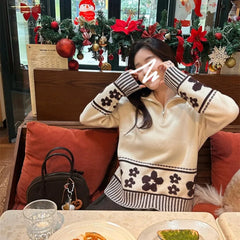 Half Zipper Knit Cardigan Sweater Women Pullovers Cozy Loose Sweater Jacket Collared Long Sleeve Floral Print Fall Winter Outfit