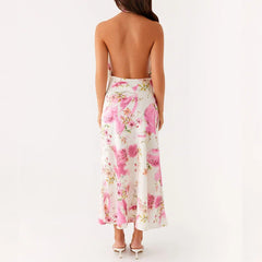 Floral Print V Neck Halter Maxi Dress with Scarf Sexy Women Bodycon Long Dresses Lady Formal Cocktail Party Backless Sundress