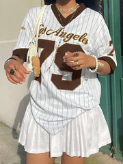 Los Angeles No. 79 Jersey V-neck Loose Streetwear 3D Printed Vertical Stripe Fashion Short Sleeved Women's Summer Sports Tee