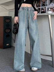 Elastic Waist High Waist Wide Leg Jeans for Women Loose Straight Blue Long Denim Pants Female Fashion Streetwear Jeans