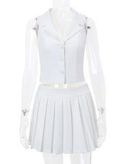 Fashion Pleated Skirt Two Piece Set For Women V Neck Sleeveless Tops And Pleated Mini Skirt Femme Elegant Skirt Sets