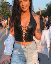 Sexy Punk Y2K Black Leather Crop Top Womens Hollow Backless camisole Summer Vest Fashion Club Party Wear Tank Tops