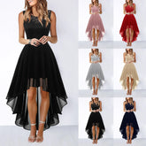 Pbong Spring Summer Hollow out Waist Cinched Lace Evening Dress Midi Skirt Sleeveless round Neck Polyester Fabric Empire Waist