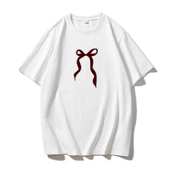 Bow Print Chic White Women T-shirt Cotton New Round Neck Short Sleeve All-match Tee White Casual Streetwear Female Top