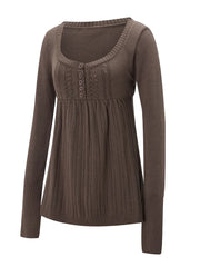 Pbong Women Autumn Knitted Tops Solid Color Long Sleeve Button Square Neck Tunic Sweaters Blouse