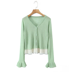 Patchwork Knitting Spring Summer Cardigan Top Women's V-neck Button Solid Casual Thin Jacket Flare Sleeve Ruffle All-match Coat