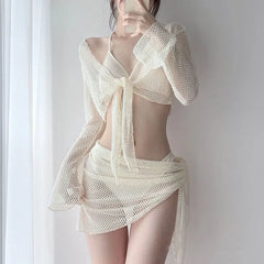 Bikini Set Women Sexy Swimsuit Chic Solid Four-Piece Halter Lace Up Female Swimwear New Fashion Korean Bathing Beachwear