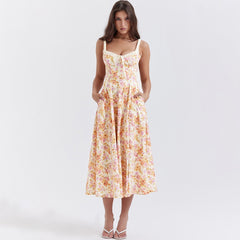 Floral Print Midi Elegant Summer Dress Green Side Slit Sexy Padded Holiday Party Dresses Casual Women Dress