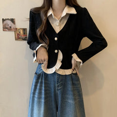 Large Size Women's Clothing Design Sense Fake Two-piece Top New Korean Version Fashionable Polo Collar Slimming and Belly