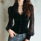 Pbong Elegant Sexy Square Collar Lace Patchwork Long Sleeve Women's Flavor Base Shirt Top Trendy Hollow out Autumn Winter New Arrival