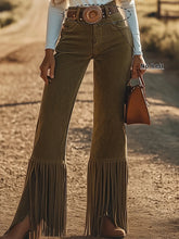 Pbong Ladies Slim High Heel Long Boots Tassel Decorated Straight Leg Pants Flared Pants Street Style Pure Color Autumn