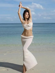 Vacation Beach Summer Outfits Tank Top + Long Skirt Knit Sexy Women Set Hollow Out Transparent Vest And Skirt Suit 2pcs New